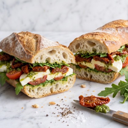 belegtes Baguette: Weißbrotstange mit Tomate / Mozzarella / Rucola / Pesto